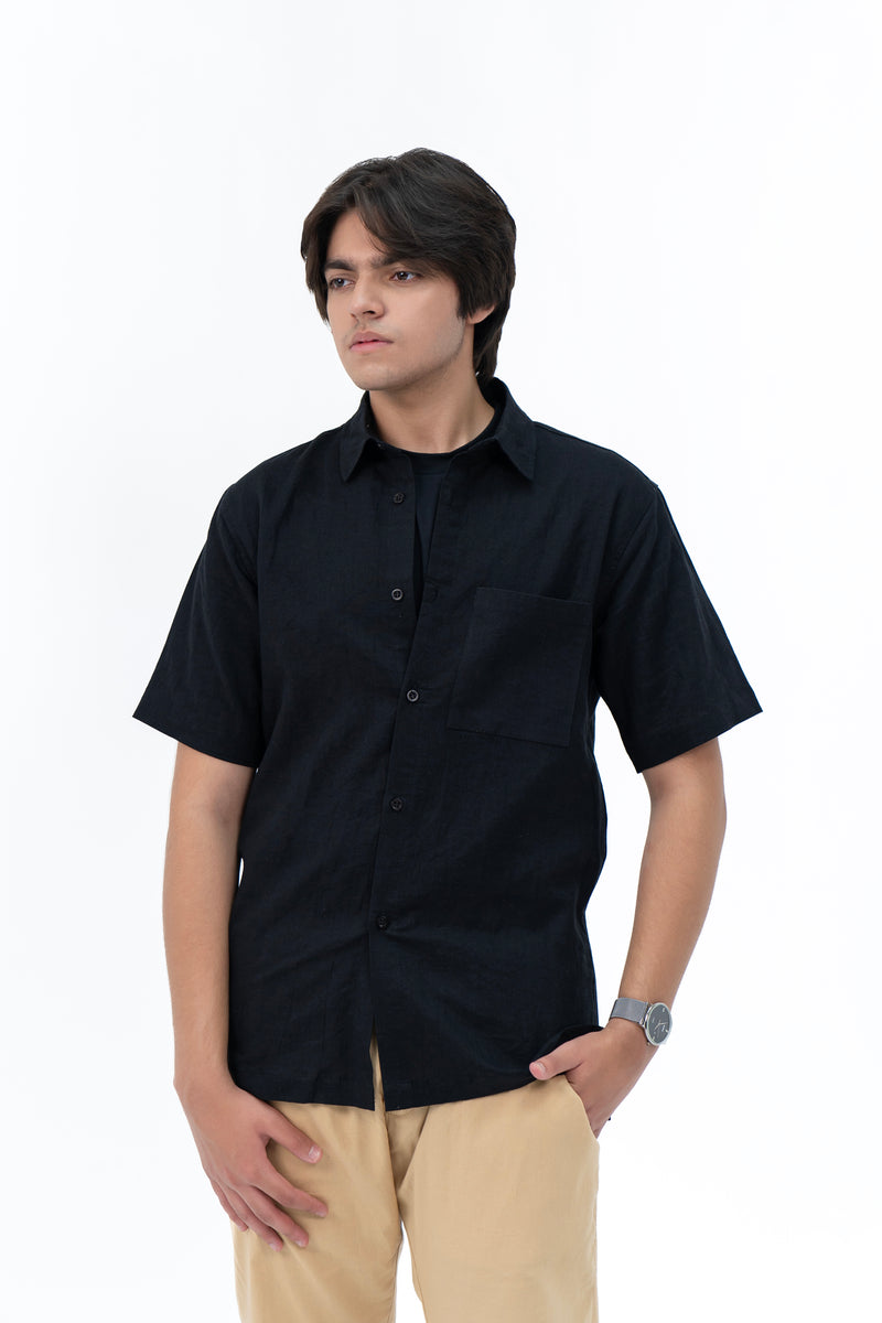 Men's Regular Fit Short Sleeved Linen Shirt - Black