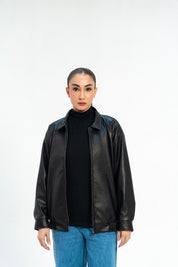Faux Leather Oversized Jacket - Black