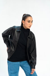 Faux Leather Oversized Jacket - Black