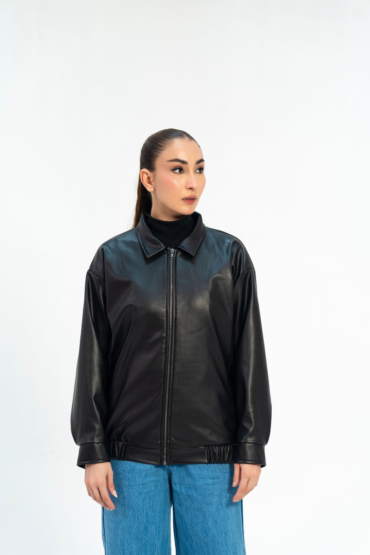 Faux Leather Oversized Jacket - Black