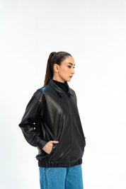 Faux Leather Oversized Jacket - Black