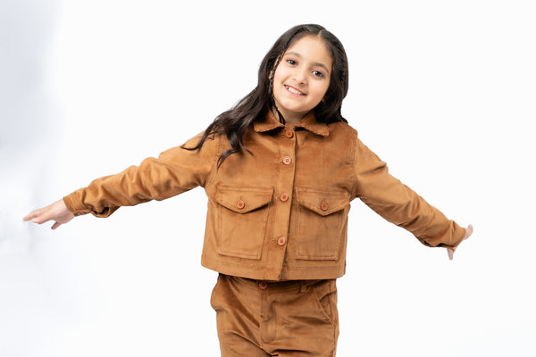 Girls Cropped Jacket in Corduroy - Brown