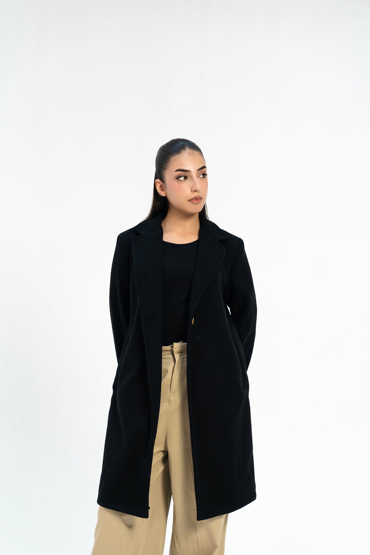 Classic One-Button Wool Coat - Black