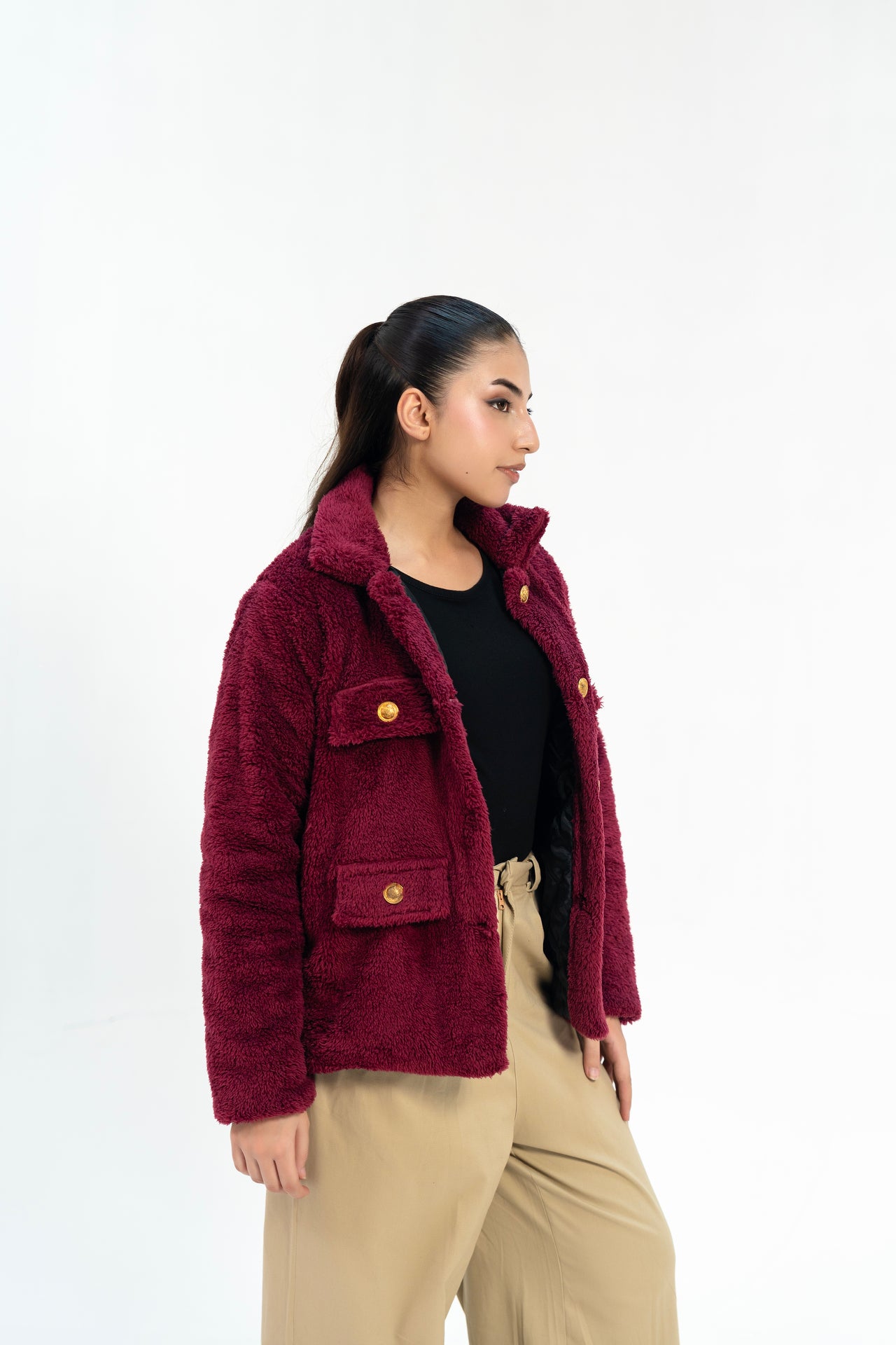 Sherpa Jacket with Button Detail - Maroon