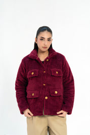 Sherpa Jacket with Button Detail - Maroon
