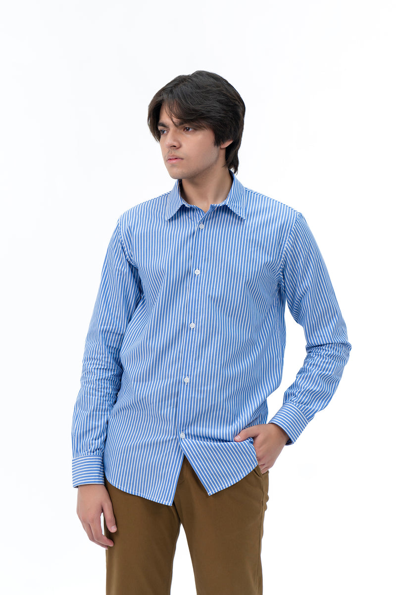 Men's Regular Fit Full Sleeve Shirt - Blue White Pinstripe