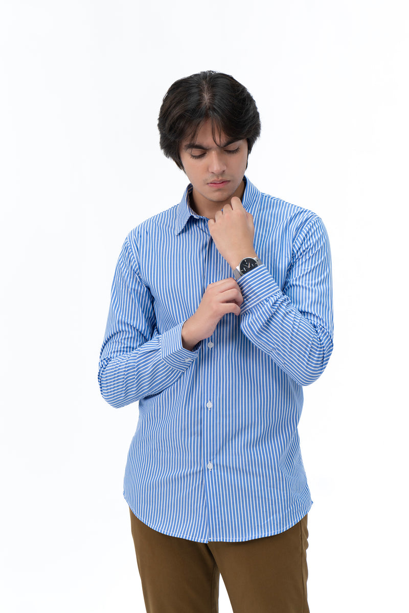 Men's Regular Fit Full Sleeve Shirt - Blue White Pinstripe