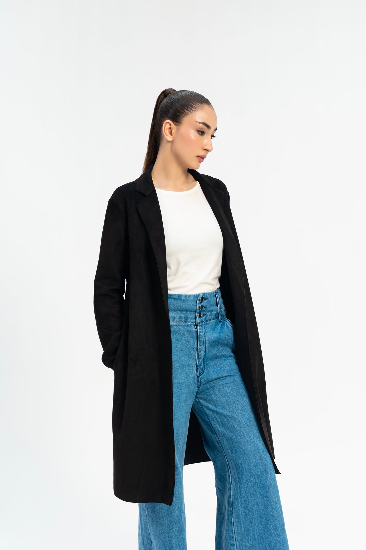 Open Front Suede Coat - Black