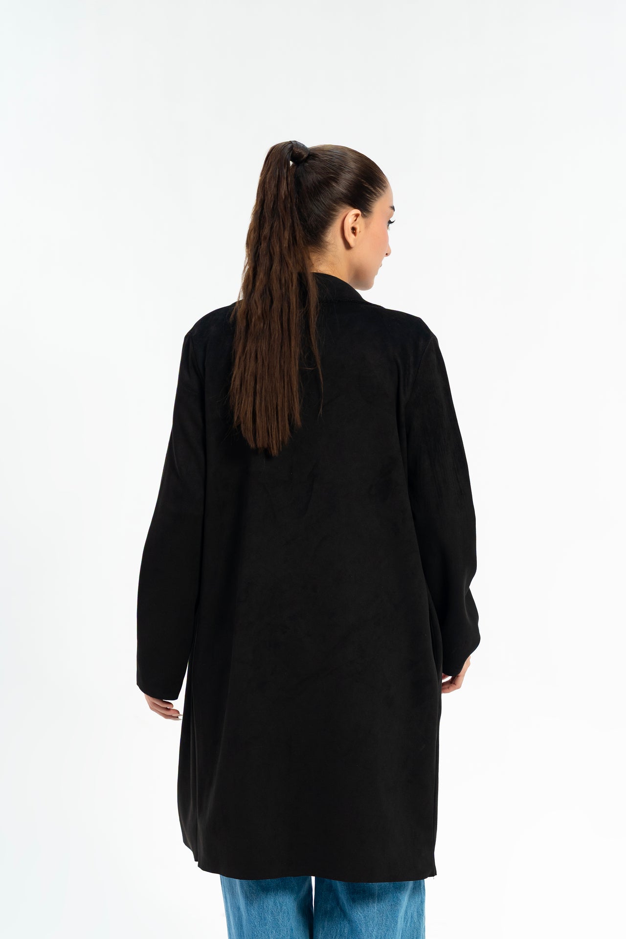 Open Front Suede Coat - Black