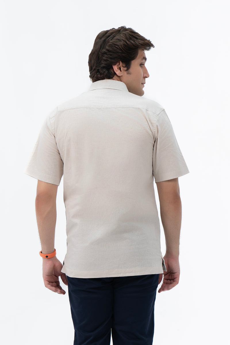 Men's Regular Fit Short Sleeved Linen Shirt - Stone