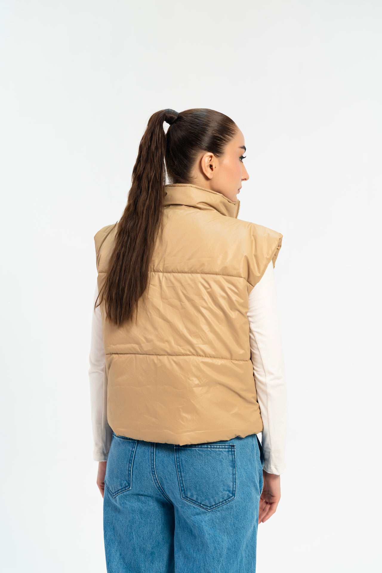 Boxy Fit Puffer Vest - Light Brown
