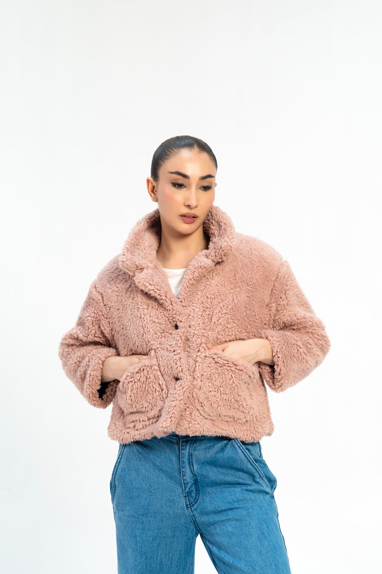 Cropped Sherpa Jacket with Patch Pockets - Dusty Pink