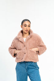 Cropped Sherpa Jacket with Patch Pockets - Dusty Pink