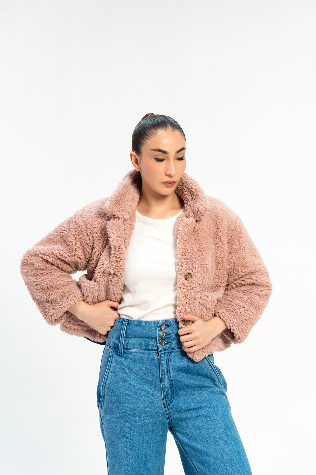 Cropped Sherpa Jacket with Patch Pockets - Dusty Pink