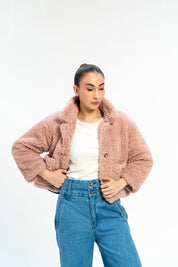 Cropped Sherpa Jacket with Patch Pockets - Dusty Pink