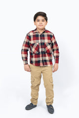 Boys Overshirt with Pockets in Flannel - Red Beige Check