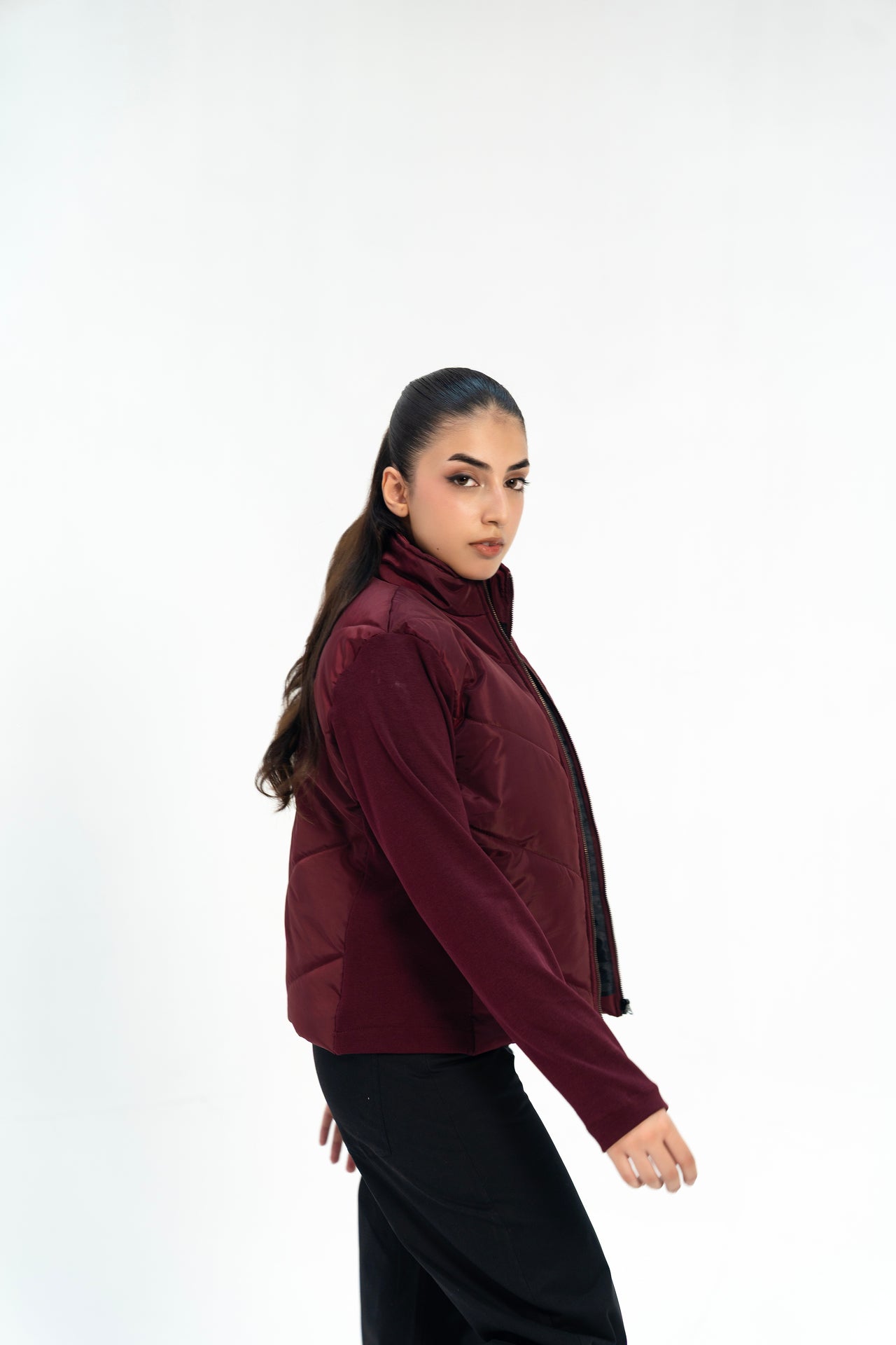 Contrast Puffer Jacket - Maroon