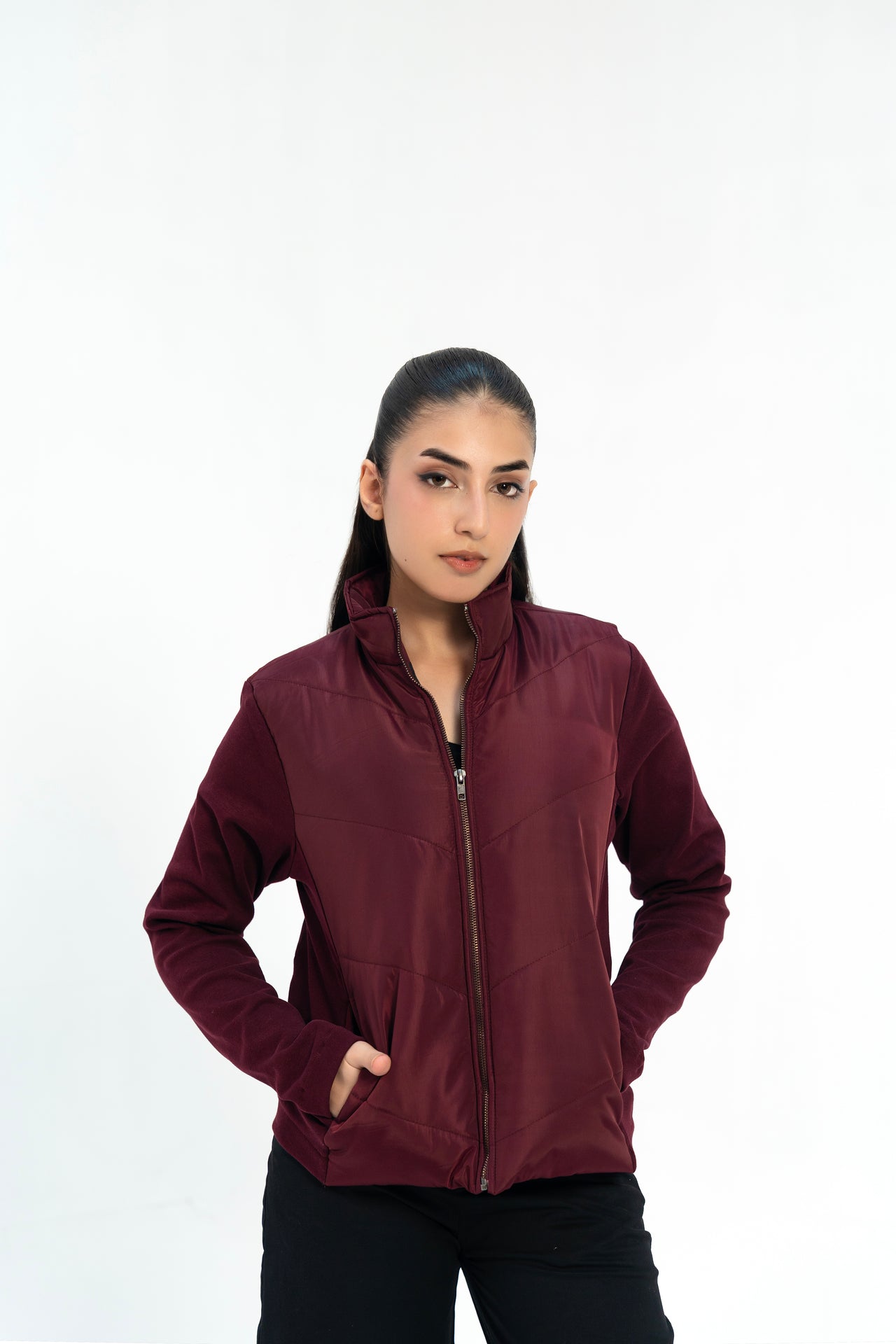 Contrast Puffer Jacket - Maroon