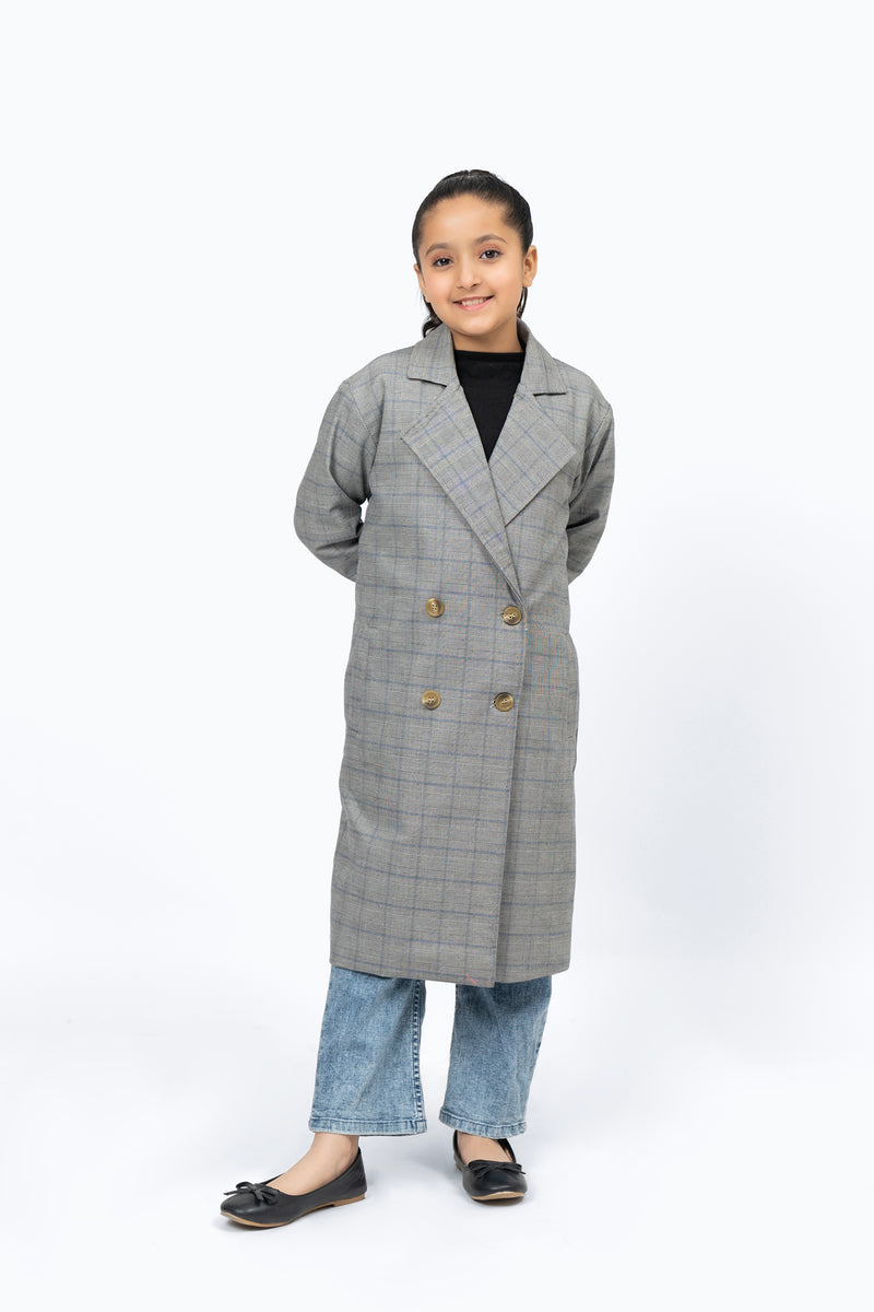 Girls Double Breasted Coat - Grey Grid Check