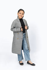 Girls Double Breasted Coat - Grey Grid Check