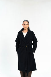 Oversized Belted Wool Coat - Black