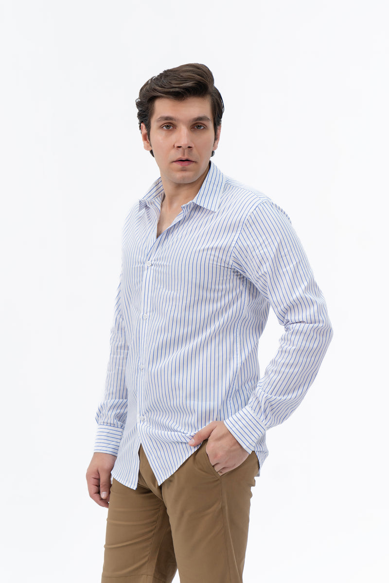 Men's Regular Fit Full Sleeve Shirt - White Blue Pinstripe