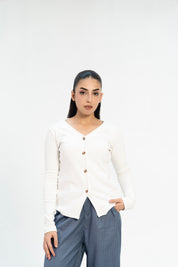 Ribbed V Neck Top - White