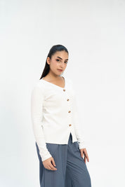 Ribbed V Neck Top - White