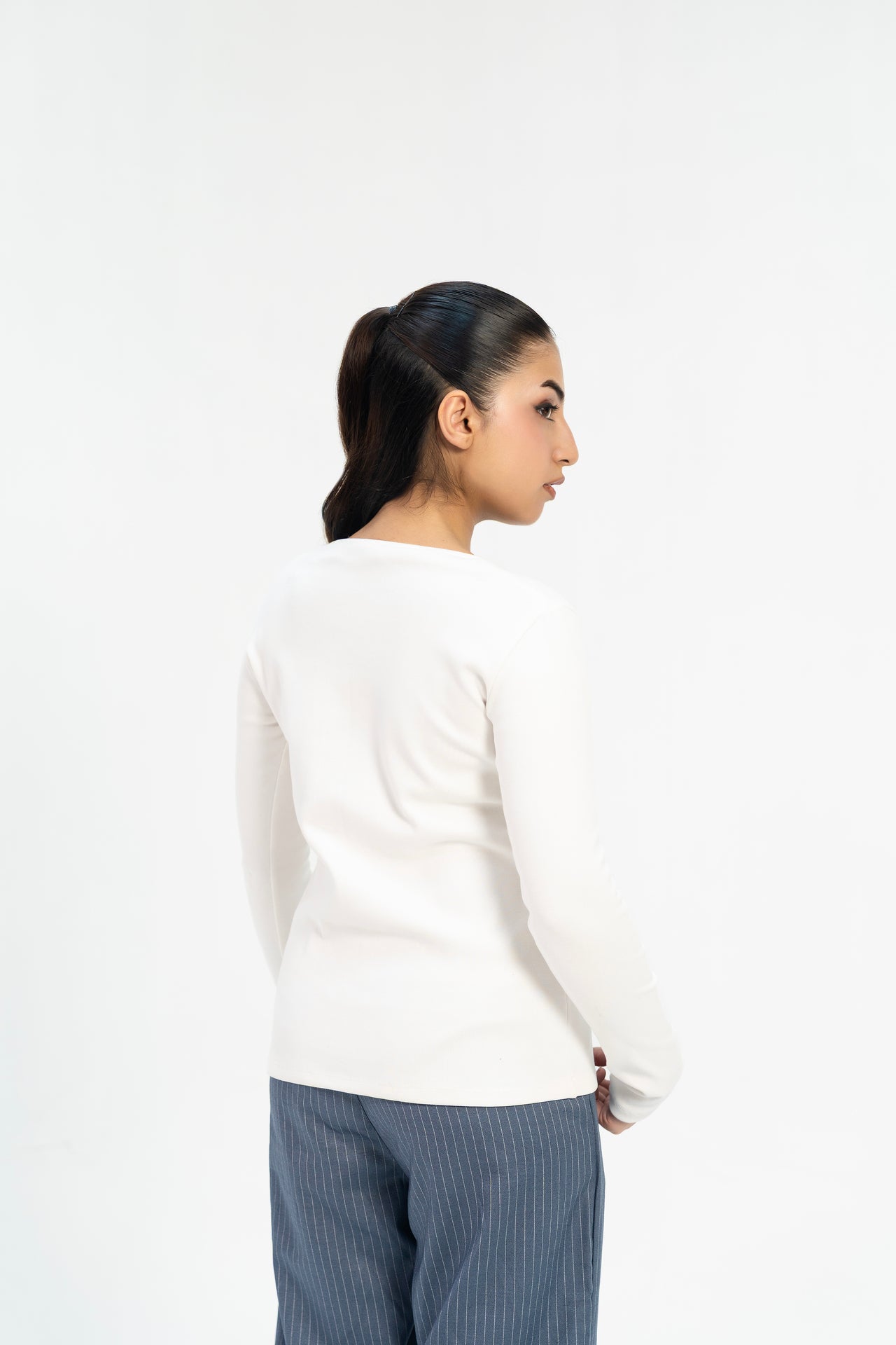 Ribbed V Neck Top - White