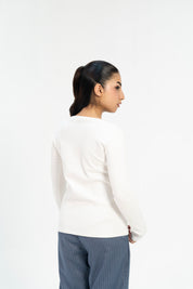 Ribbed V Neck Top - White