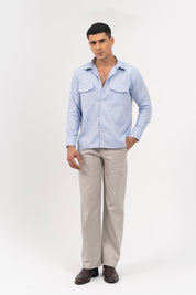 Men's Boxy Fit Full Sleeve with Pocket Shirt - Light Blue Herringbone