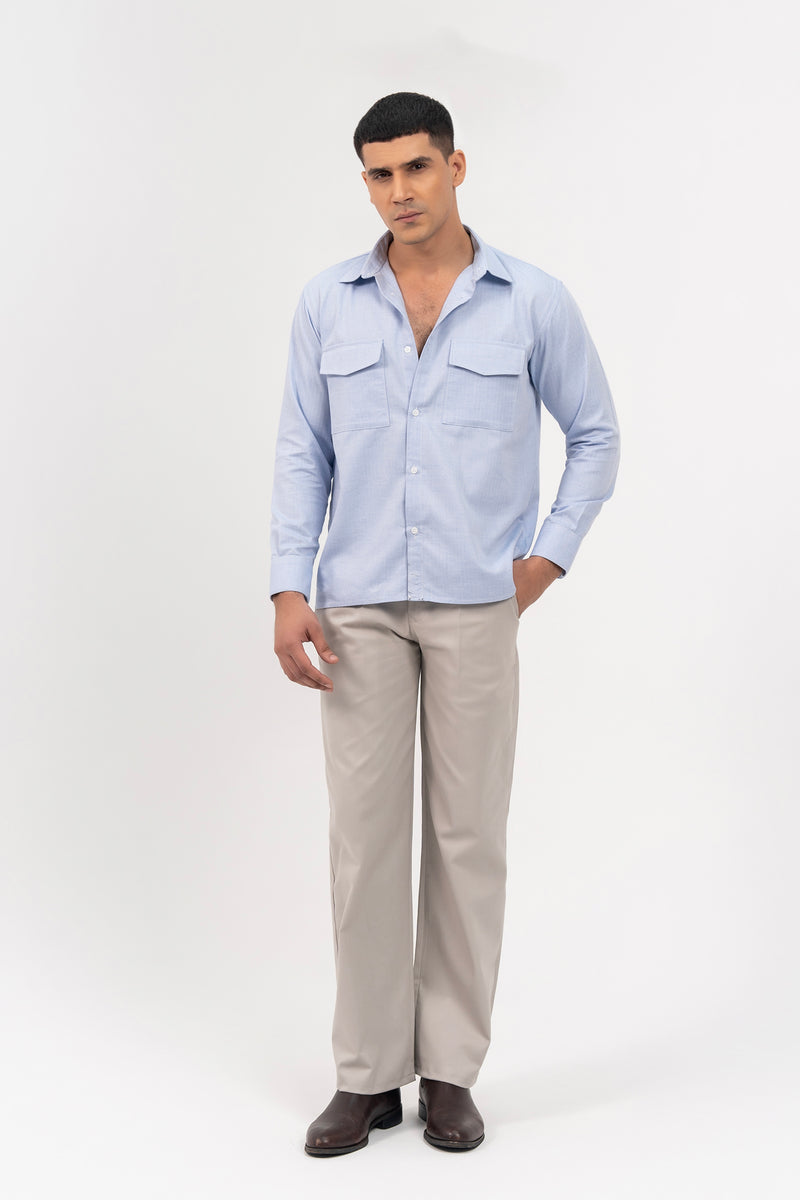 Men's Boxy Fit Full Sleeve with Pocket Shirt - Light Blue Herringbone