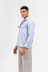 Men's Boxy Fit Full Sleeve with Pocket Shirt - Light Blue Herringbone