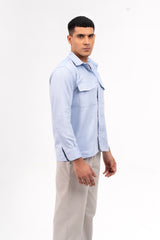 Men's Boxy Fit Full Sleeve with Pocket Shirt - Light Blue Herringbone