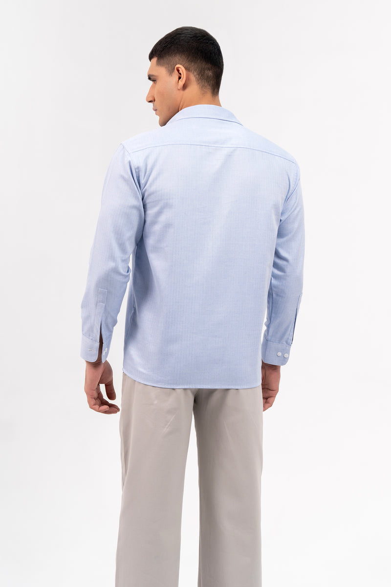 Men's Boxy Fit Full Sleeve with Pocket Shirt - Light Blue Herringbone