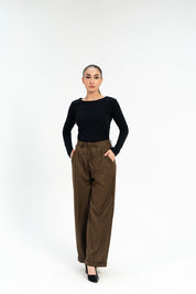 Wide Leg Pleated Pants with Turnup - Chocolate Brown Pinstripe