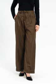 Wide Leg Pleated Pants with Turnup - Chocolate Brown Pinstripe