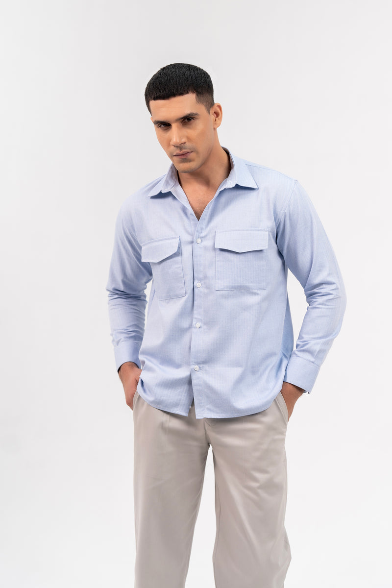 Men's Boxy Fit Full Sleeve with Pocket Shirt - Light Blue Herringbone