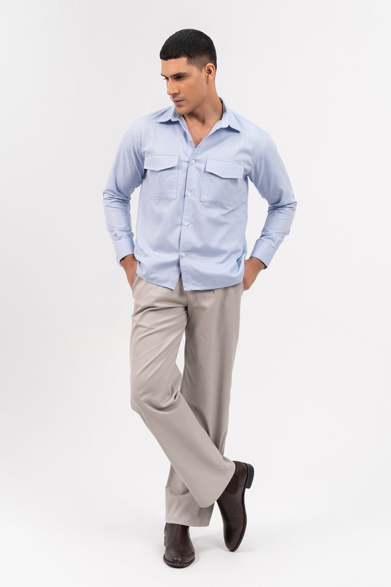 Men's Boxy Fit Full Sleeve with Pocket Shirt - Light Blue Herringbone