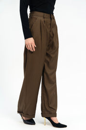 Wide Leg Pleated Pants with Turnup - Chocolate Brown Pinstripe