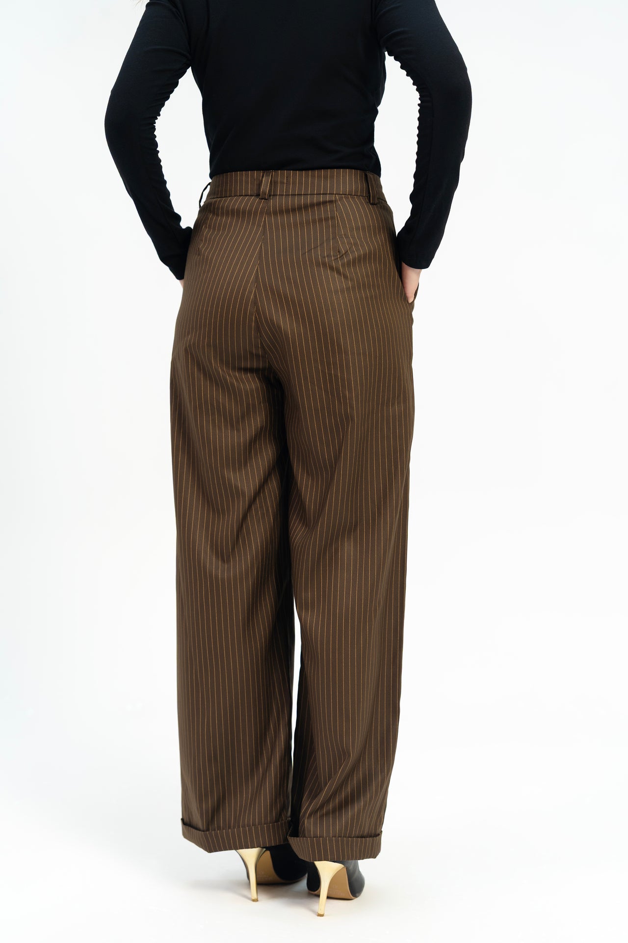 Wide Leg Pleated Pants with Turnup - Chocolate Brown Pinstripe