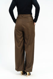 Wide Leg Pleated Pants with Turnup - Chocolate Brown Pinstripe