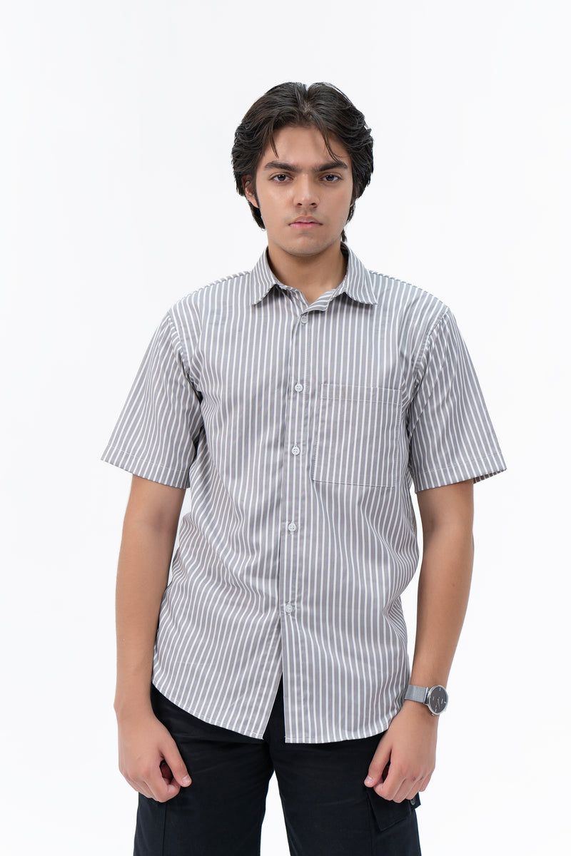 Men's Short Sleeved Curved Hem Shirt - Grey White Striped