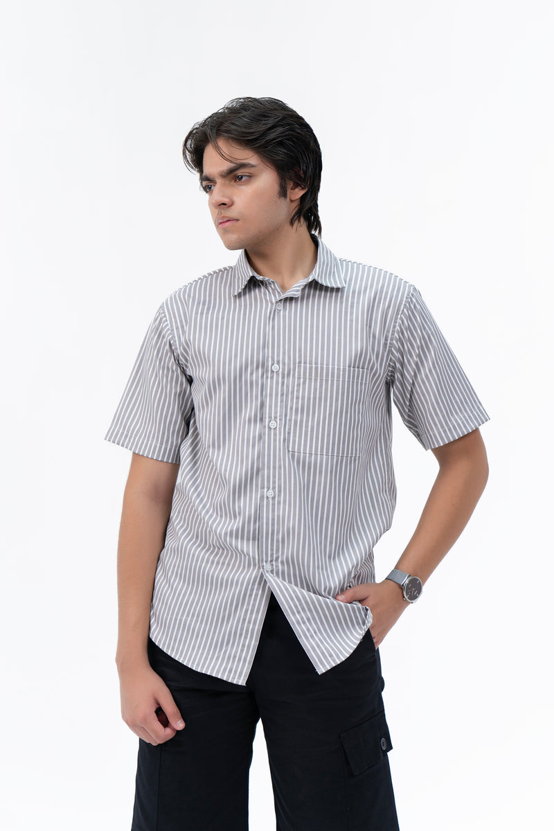 Men's Short Sleeved Curved Hem Shirt - Grey White Striped