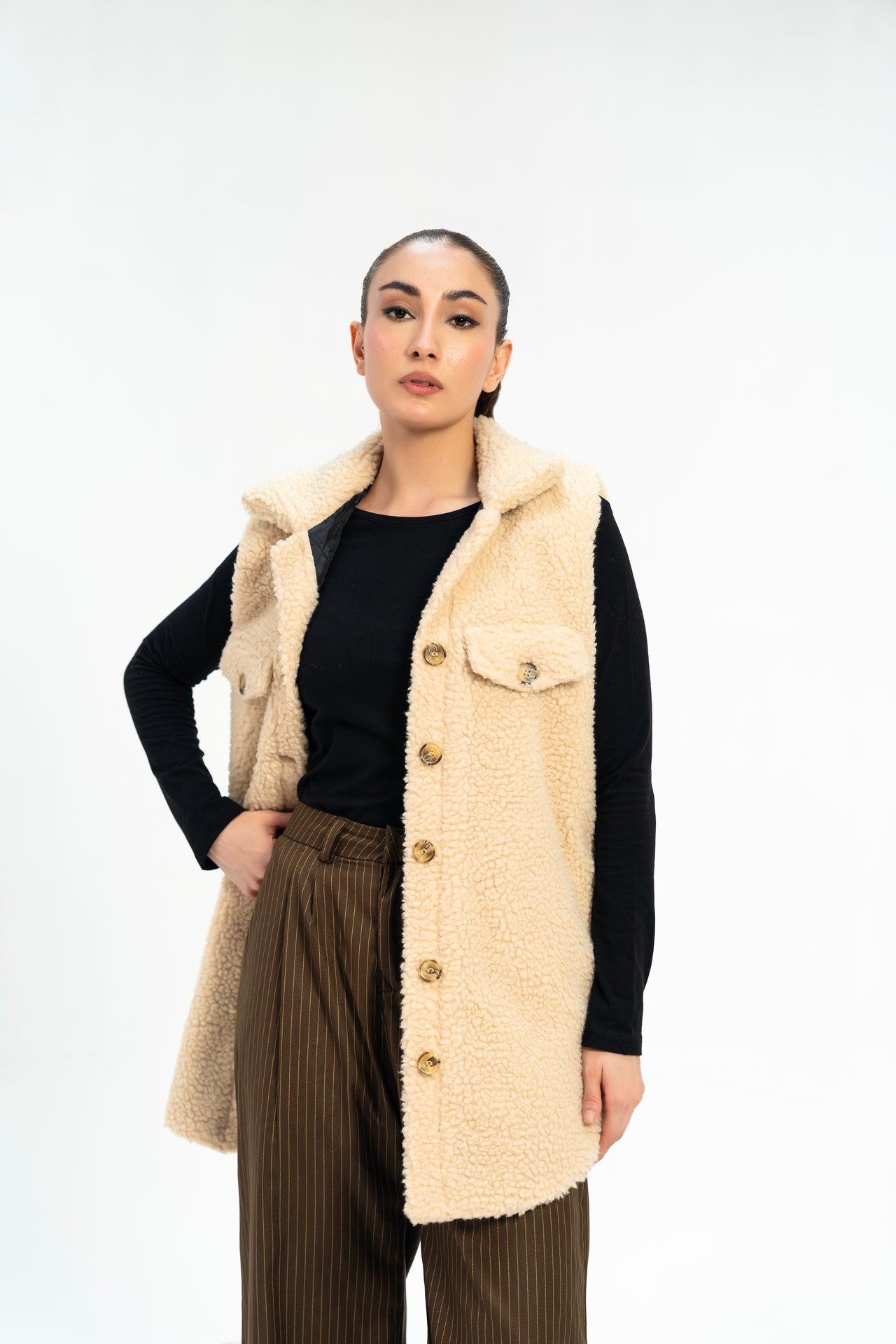 Sherpa Long Vest - Beige