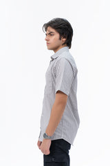 Men's Short Sleeved Curved Hem Shirt - Grey White Striped