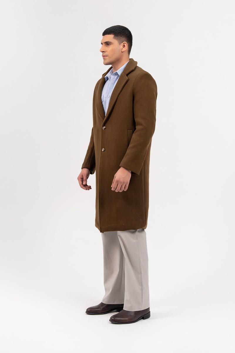 Men's Long Wool Coat - Greenish Brown