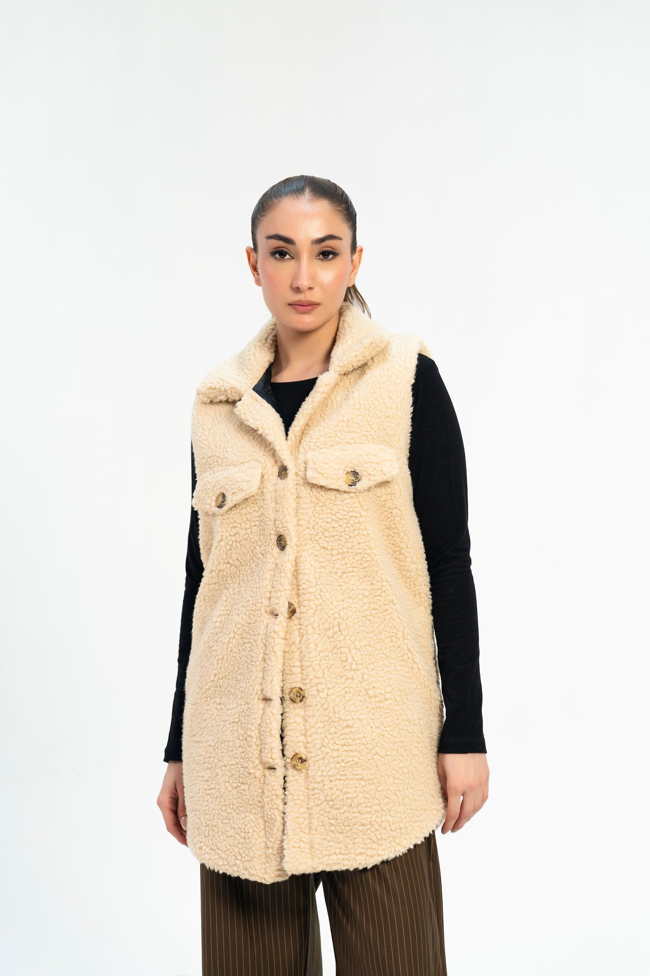 Sherpa Long Vest - Beige