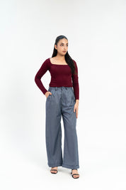 Wide Leg Pleated Pants with Turnup - Grey White Pinstripe