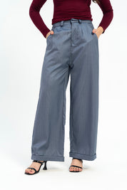 Wide Leg Pleated Pants with Turnup - Grey White Pinstripe